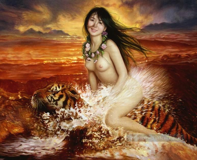 Fille équitation tigre mer chinois fille Nu Peintures à l'huile